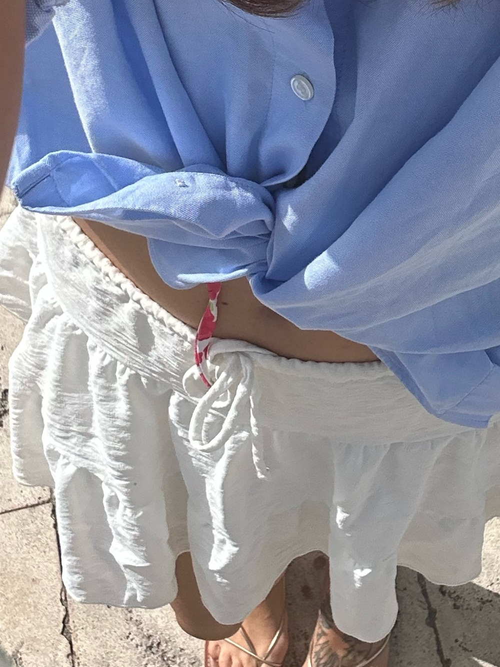 Peppermayo Light Blue Shirt with White Mini Skirt